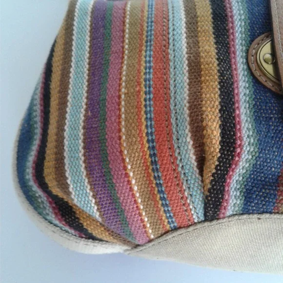 Fossil  Striped Women's Brown Canvas Shoulder Bag Leather Accents Handbag Medium - Picture 9 of 12